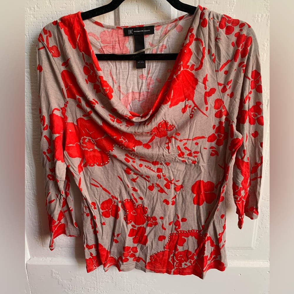 ⚡️5 for $25⚡️ INC Grey/Taupe/Red Cowl Neck Floral Embellished Blouse XL